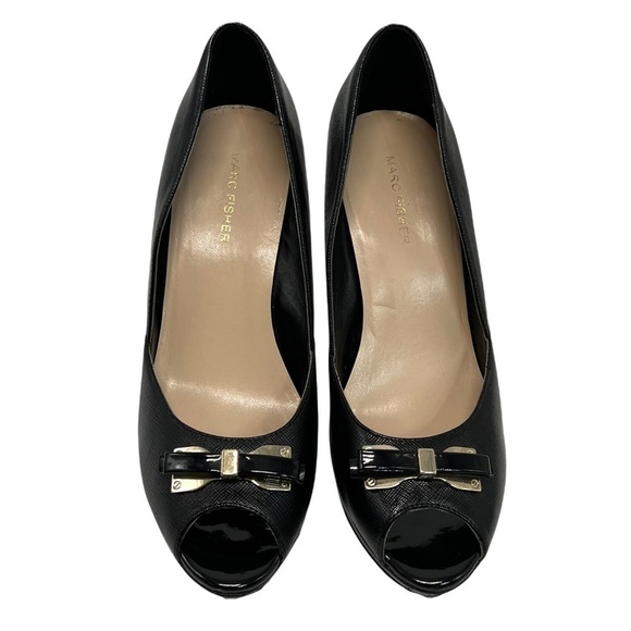 Marc Fisher Marsha Black Leather Peep Toe Platform Pumps with Bows - Picture 5 of 12